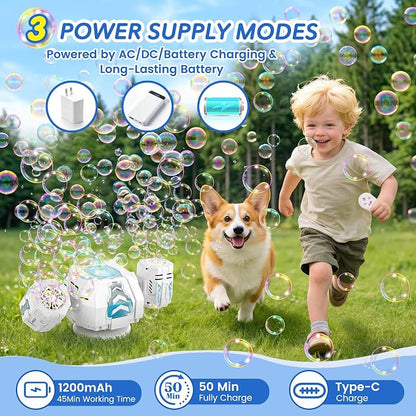 Bubble Machine with Remote Control, 360° Auto Rotation 30000+ Big Bubbles Multicolor LED Lights, Rechargeable Bubble Machine for Parties Birthday Wedding Boys Girls Indoor Outdoor