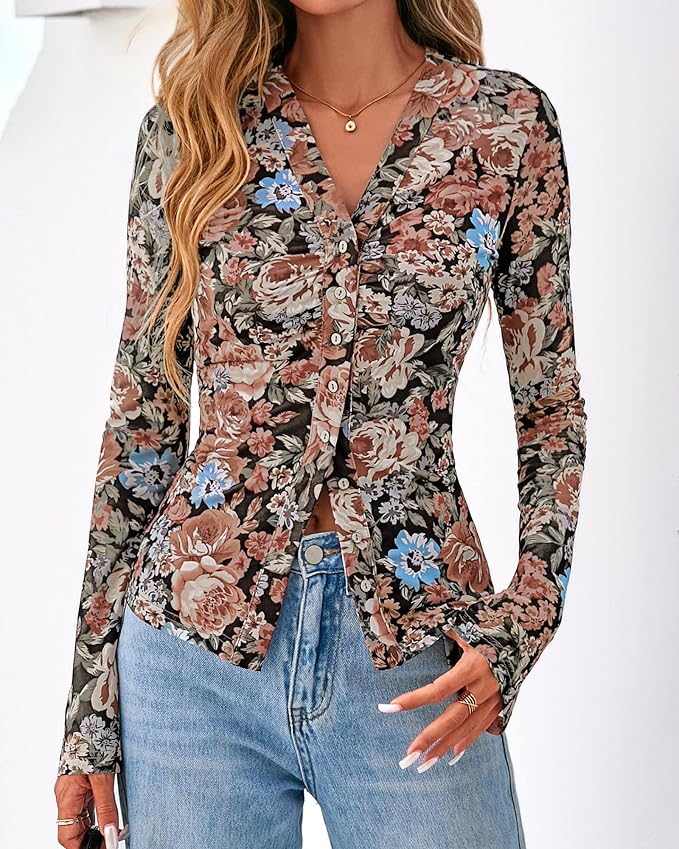 BTFBM Button Down Shirts for Women 2026 Fall Boho Tops V Neck Long Sleeve Blouses Ruched Mesh Fitted Fashion Clothing