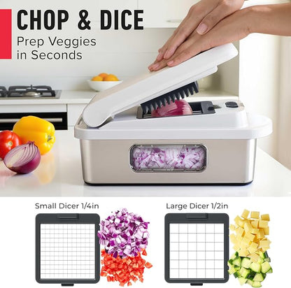 MUELLER HOME Pro-Series 10-in-1, Stainless Steel Multi Vegetable Chopper | 8 Blade Mandoline Slicer, Kitchen Accessories and Essentials, Food and Veggie Chopper, Mincer, Dicer, White Sand/Grey