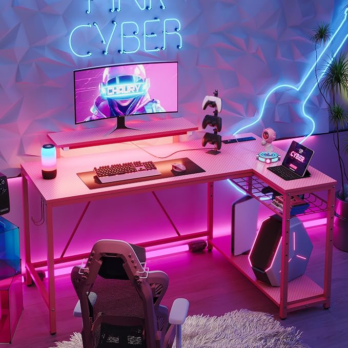Bestier 52-Inch L-Shaped Gaming Desk with Charging & LED, Pink | Charging 3AC+2USB, RGB LED 20 Colors/22 Modes, Reversible Storage Shelves, Carbon Fiber Texture, Headphone Hook, 52 in