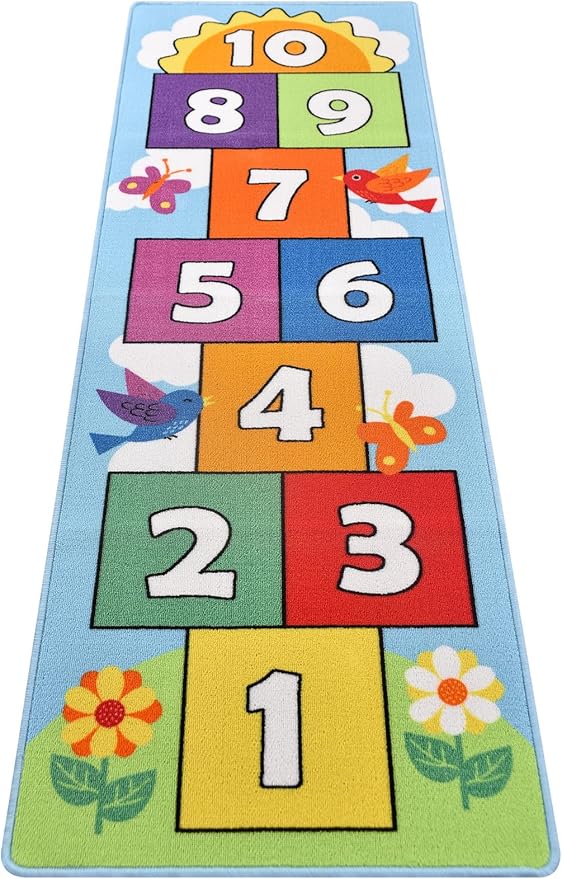 Hop and Count Hopscotch Rug, Kids Floor Play Area Rug Game Carpet Crawl Jump Mat, Children Numbers Learning Non-Slip Rug, Great for Ages 3 to 7 Boys Girls, Home Decor, 26''x78''