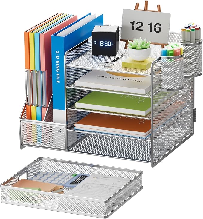 Marbrasse Desk Organizer with File Holder, 5-Tier Paper Letter Tray Organizer with Drawer and 2 Pen Holder, Mesh Desktop Organizer and Storage with Magazine Holder for Office Supplies (Silver)