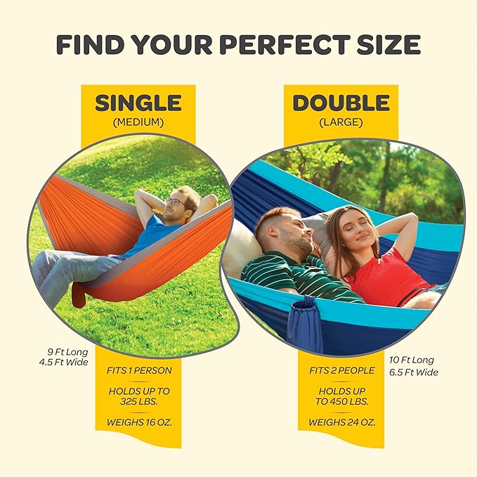 Durable Hammock 400 lb Capacity, Nylon Camping Hammock Chair - Double or Single Sizes w/Tree Straps and Attached Carry Bag - for Travel/Backpacking/Beach/Backyard (Medium, Light Grey & Sky Blue)