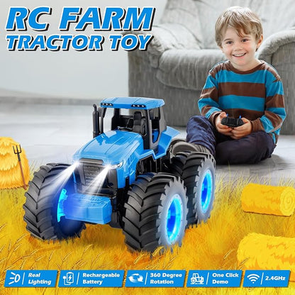IJIGU Remote Control Tractor Toys, Light Up Farm Monster Trucks Toy for Boys 3, 4, 5, 6, 7 Year Old, 2.4 Ghz RC Tractor Toys, Ideal Christmas, Birthday Gifts for Kids