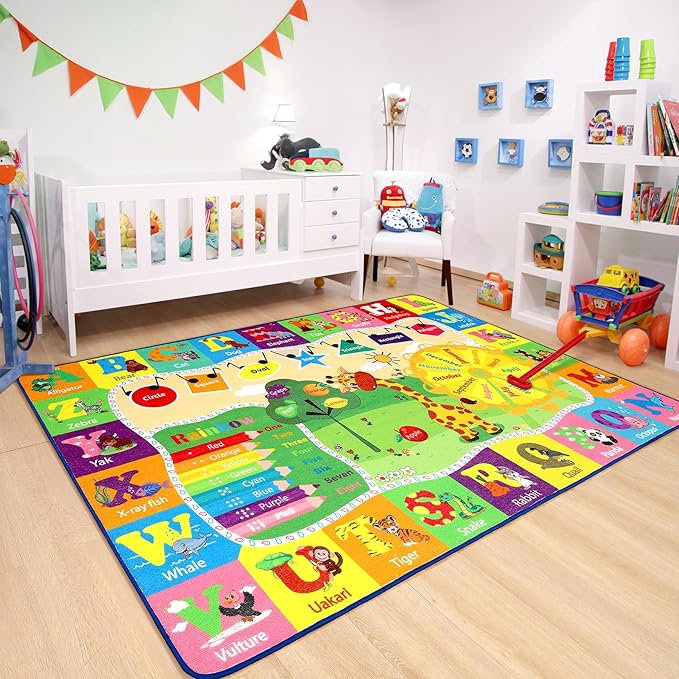 Chicrug Educational 3x5 Kids Area Rug for Playroom, TPR Non Slip Kids Classroom Carpet Rug for Learning ABC Animal, Shape Color Fruit, Washable Play Mat Rug for Children Nursery Toddler Room Decor