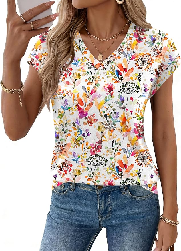 Rapbin Womens Summer Tops Women Blouses Dressy Casual V Neck T Shirts Short Sleeve Spring Tops for Women