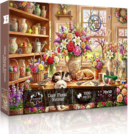 Cozy Floral Retreat Puzzles for Adults 1000 Pieces,Challenging Jigsaw Puzzles for Adults,Difficult Impossible Puzzle for Family Game Night,Puzzle with Letters on Back,Recycled Paper Jigsaw Puzzle
