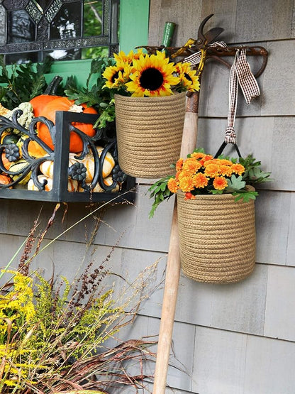 Goodpick 2pack Jute Hanging Basket - Small Woven Fern Hanging Rope Basket Flower Plants Wall Basket Decor Set Boho, 7.87 x 7 x 11.7 inches