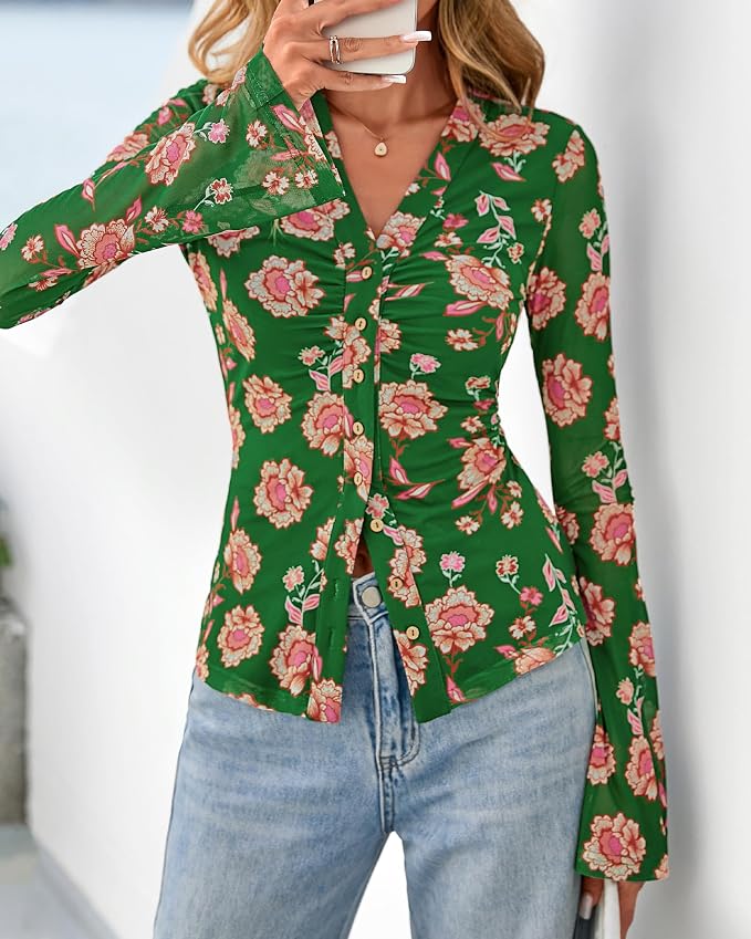 BTFBM Button Down Shirts for Women 2026 Fall Boho Tops V Neck Long Sleeve Blouses Ruched Mesh Fitted Fashion Clothing