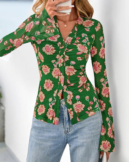 BTFBM Button Down Shirts for Women 2026 Fall Boho Tops V Neck Long Sleeve Blouses Ruched Mesh Fitted Fashion Clothing