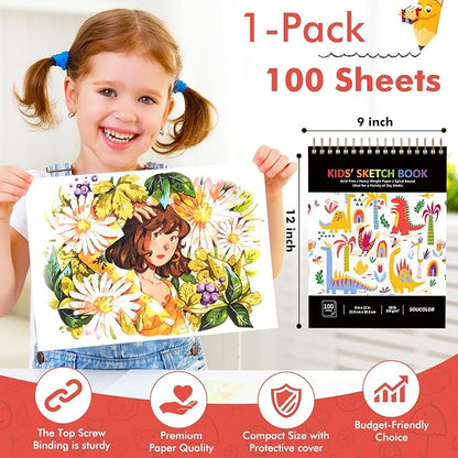 Soucolor Sketch Book for Kids, 9" x 12" Kids Sketchbook | 100 Sheets |Acid-Free Drawing Paper |Spiral bound| Lightweight fine-texture matte