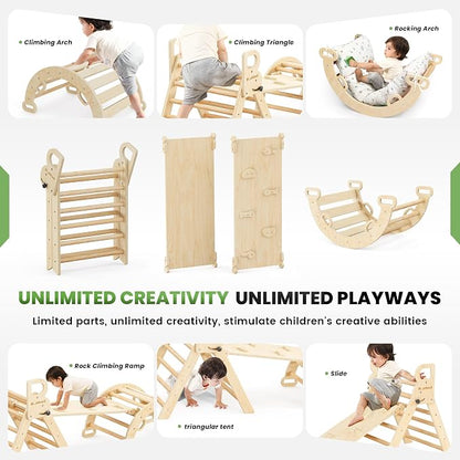BlueWood Pikler Triangle Set with Cushion, 8-in-1 Climbing Toys for Toddlers, Montessori Philosophy Play Jungle Gym with Arch, Ramp, Ladder(Natural Wood)