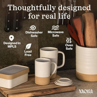 MORA Ceramics Large Tea Mug with Loose Leaf Infuser and Ceramic Lid, 18 oz, Portable, Microwave, Dishwasher Safe, Tall Coffee Cup - Rustic Matte Ceramic Glaze, Modern Herbal Tea Strainer, Oat