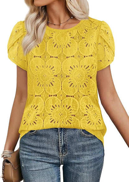 OFEEFAN Blouses for Women Dressy Casual Petal Short Sleeve Shirts Crochet Lace Boho Tops Spring Fashion Summer Outfits