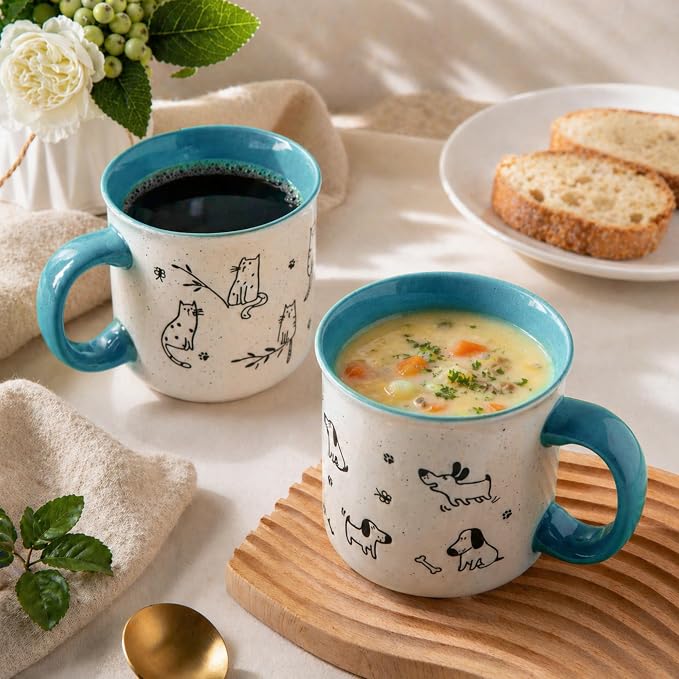 AmorArc 22 OZ Large Ceramic Coffee Mugs Set of 2, Oversized Mugs With Big Handle for Men Women Dad Mom, Big Mug With Textured Dogs Cats Patterns for Office & Home -Microwave Safe, 2 Pcs-Blue