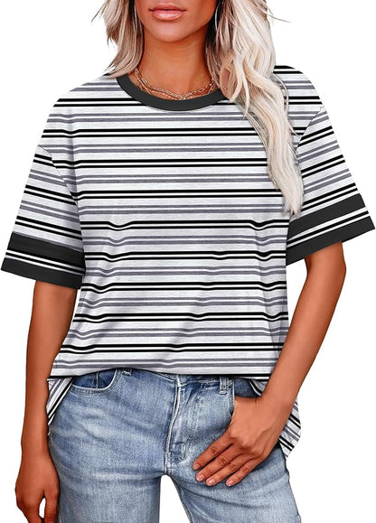 WIHOLL Womens T Shirts Loose Fit Short Sleeve Tees Crew Neck Color Block Summer Tops 2026 Fashion