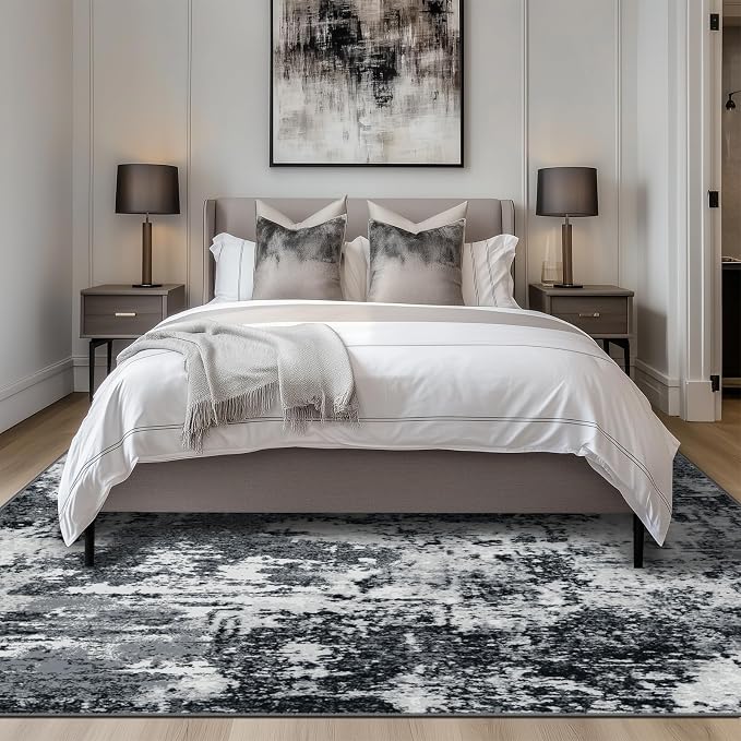 RELEANY Washable Area Rugs Square 7ft Non-Slip Modern Abstract Soft for Living Room Entryway Bedroom Kitchen, Print Pattern, Black Navy Blue Gray