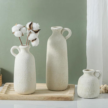 Ceramic Vase Set of 3 with Handle, Neutral Rustic Vases Home Decor Farmhouse Decorative Vase Whitewashed Pottery Decor Modern for Table Mantel Entryway Bookshelf Living Room Kitchen Bedroom - White