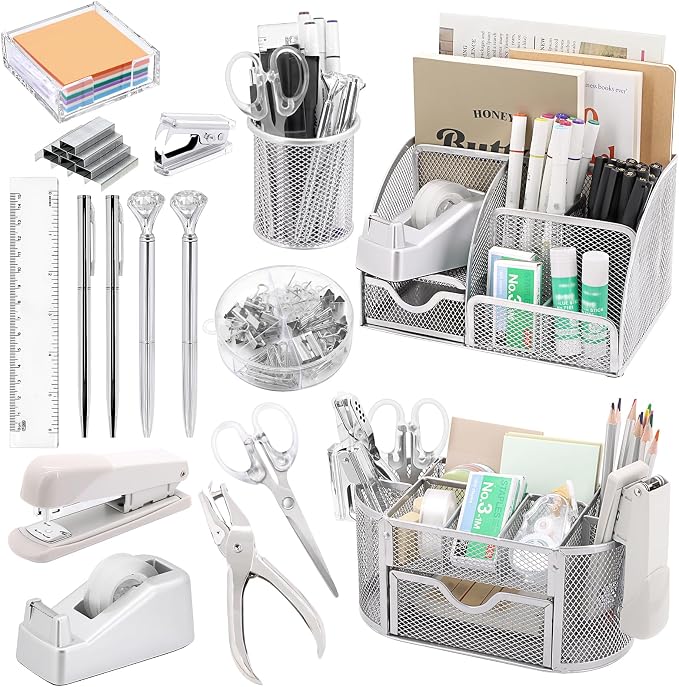 17 in1 Silvery Desk Organizers and Accessories Set, 3 Office Desk Supplies Storage Organization, 4 Pens, Stapler, Staples & Remover, Tape & Dispenser, Scissors, Ruler, Clips, Hole Punch Back to School