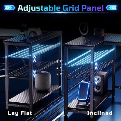 Bestier 42-Inch L-Shaped Computer Desk with Charging & LED, Black | Charging 2AC+USB+Type-C, RGB LED Strip, Reversible Shelves, Monitor Stand, Headphone Hook, Cable Mgmt, Small Space