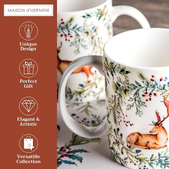 Maison d' Hermine Coffee Mug with Handles Tea Cups (15 Ounce, Pack of 2) | Fine Bone China Coffee Mugs for Hot Beverages Cappuccino Latte Home Restaurant Hotel Spring Summer -Holly Time