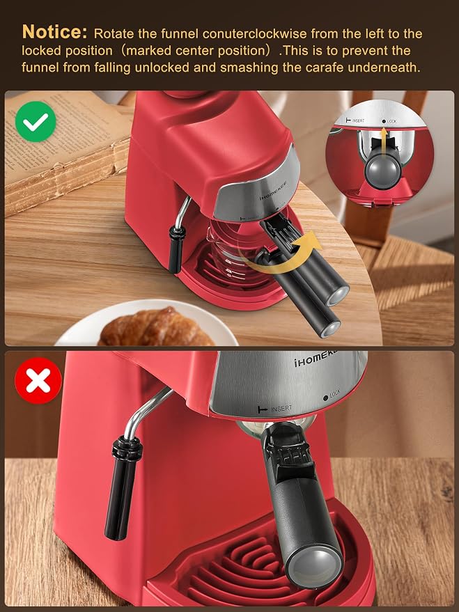 Ihomekee Espresso Machine, 3.5Bar Espresso and Cappuccino Machine | Preheating Function, 4 Cup Coffee Maker with Milk Frothing Function and Steam Wand (Red)