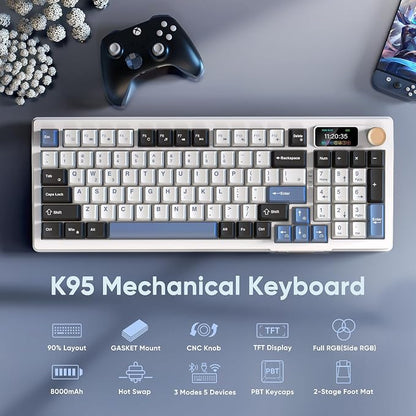 RedThunder K95 Wireless Mechanical Keyboard, TFT Screen & Knob, Tri-Mode BT5.0/2.4GHz/USB-C Hot Swappable Custom, Pre-lubed Linear Switches, Gasket Structure, RGB Gaming Keyboard, Snowy White-Blue