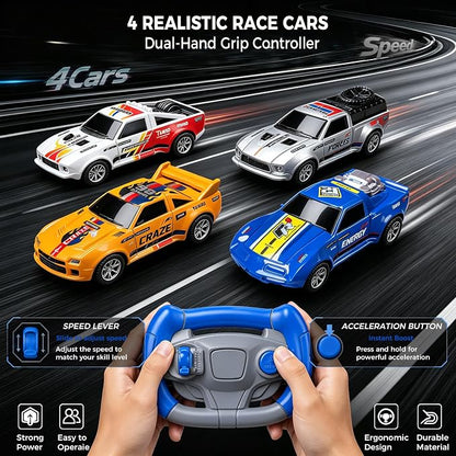 Electric Slot Car Race Track Sets with 4 High-Speed Racing Slot Cars Dual Racing Game with 2 Controllers Circular Overpass Track Featuring Flash Bridge Pendulum Gifts Toys for Boys Kids Age 6 7 8-12