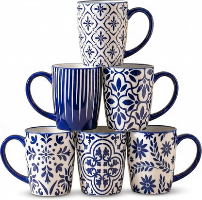 glowworm Ceramic Coffee Mugs, 16 Ounce Coffee Cups with Handle, Blue&White | Prefect for Cappuccino, Milk , Hot Cocoa, Tea, Vintage Coffee Mug for Kitchen, Dishwasher & Microwave Safe, Set of 6