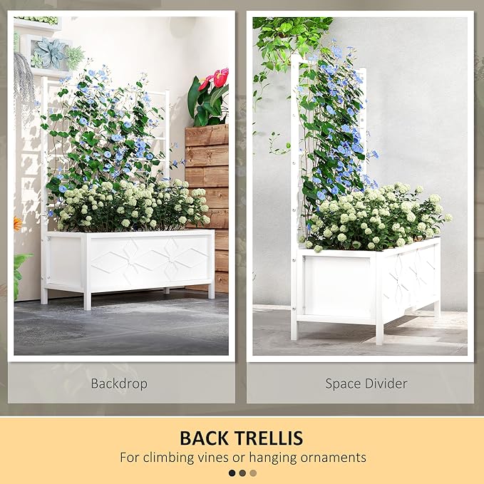 Outsunny Planter Box with Trellis, 35.4 x 15.7 x 47.2 inch Raised Garden Bed with Drainage Holes, Planters for Outdoor Plants, Vegetables, Flowers, Herbs, Trellis Planter, White