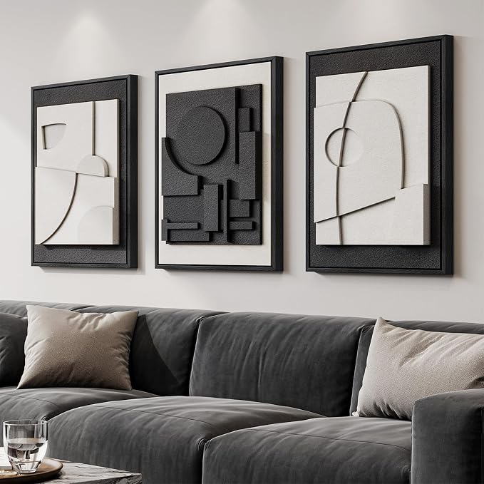 Large 3D Textured Framed Black and White Abstract Wall Art, 3 Piece Modern Wall Paintings Artwork for Walls, Minimalist Black White Geometric Pictures for Living Room, Hallway, Dining Room Wall Decor