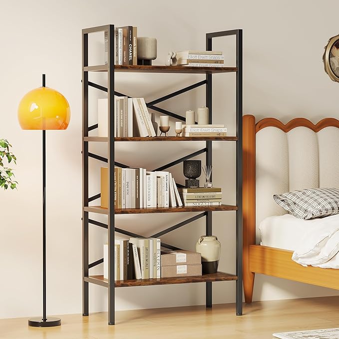 Homeiju 4 Tier Bookshelf 23.6" Width, Kids Bookshelf with Storage, Small Bookcase with Open Shelves, Storage Organization for Bedroom, Living Room and Home Office,Rustic Brown
