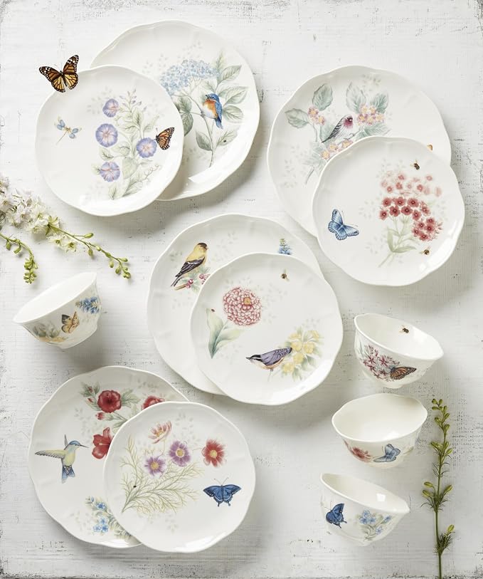 Lenox Dinnerware Set, Butterfly Meadow Flutter 12-Piece Set, Service For 4, Elegant White Porcelain, Dishwasher Safe, Chip Resistant, Plates And Bowls Sets, Home and Kitchen (Assorted, 12 Pieces)