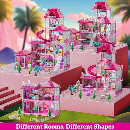JUKUDAHU Villa Playset for Girls Ages 3-7, 4-Storey House with 10 Rooms, 2 Dolls, Furniture and Accessories, Indoor Playset Girls Toys for Ages 6-8, Pretend Toddler Toys, Birthday Gifts for Kids 4-8