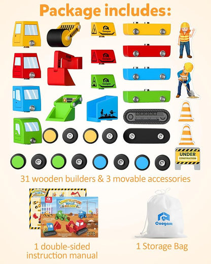 Coogam Snap Together Vehicle Toys for Toddlers, Wooden Montessori Take Apart Construction Engineering Car - Assembly Building Game, STEM Fine Motor Educational Toy Gift for Kids Ages 3-8