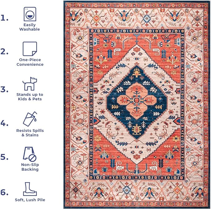 nuLOOM Carolyn Machine Washable Tribal Motif Ultra Thin Area Rug, 8' x 10', Rust