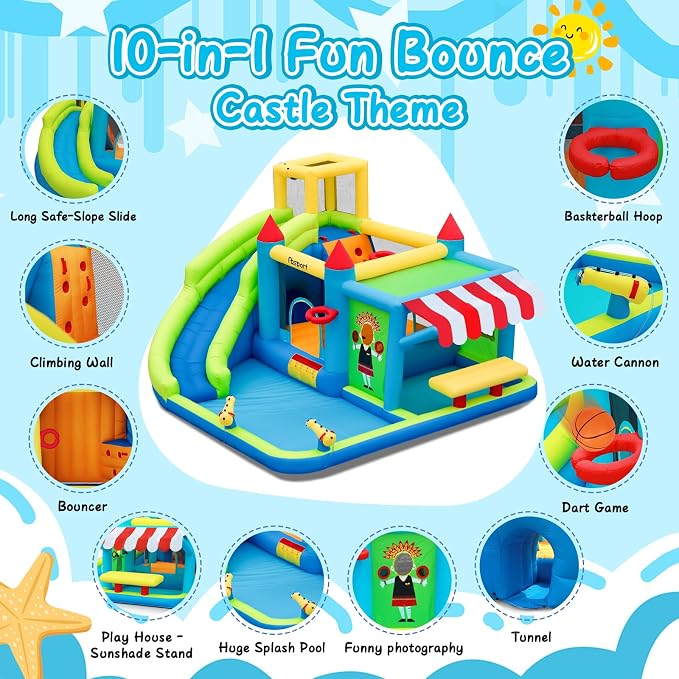 FBSPORT Inflatable Bounce House Water Slide, Bounce House for Kids with Toy Market Stand Splash Pool Bouncer Climbing Wall Water Gun Ball Dart, Bouncy Castle W/620W Blower for Outdoor Indoor, Green