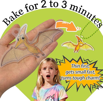 Vicentorra Dinosaur Shrinky Dink Kit for Kids Age 4-8 6-8 - 24 Precut Shrink Sheets + 24 Dino Learning Cards - Arts and Crafts for Boys Girls - Birthday Gift for 5 6 7 8 Year Old - STEM Toys