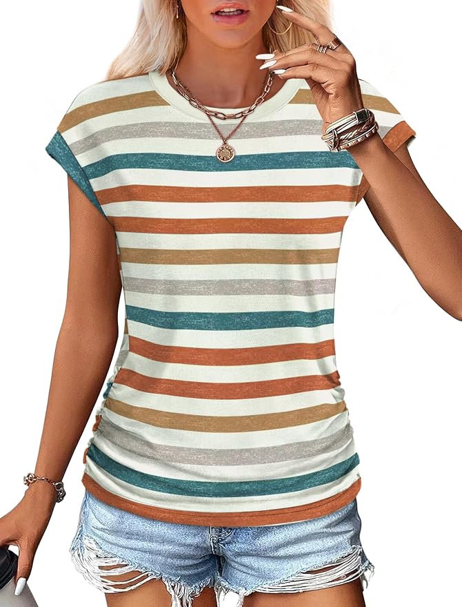 Sampeel Womens Summer Tops Trendy 2026 Ruched Cap Short Sleeve Tshirts Shirts Crew Neck T Shirts Fashion