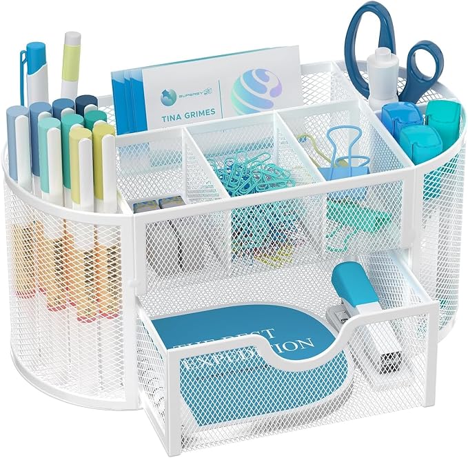 Mesh Desk Organizer with Drawer, 9-Compartment Pen Holder for Desk, White | Pull-Out Drawer Stores Pens, Pencils, Clips, Notes, and Small Office or School Supplies in One Compact Desk Caddy
