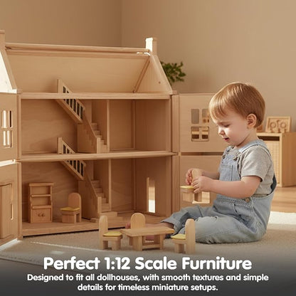 PlanToys® Dining Room Classic Set | Montessori Small World and Family Role Play | Eco Friendly Wooden Dining Room Furniture for Imaginative Play