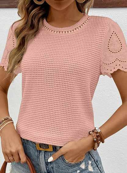 SHEWIN Womens Frenchy Summer Tops Crewneck Short Sleeve T Shirts Casual Waffle Knit Jacquard Blouses Top Shirts