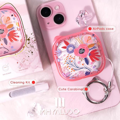 for AirPods 4 Case with Cleaning Kit, Cute Cat Ear Print Design & Cute Buckle, Inverted Phone Holder Design, Top Safe Lock Buckle Design, for Girls AirPods 4 case 2024,Clear Flowers