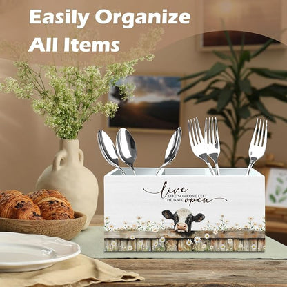 DILSJ Cow Inspirational Pen Pencil Holder Organizer for Desk, Cow Gifts for Women Men, Live Like Someone Left the Gate Open Wooden Box Signs for Home Office Desk Tabletop Decoration