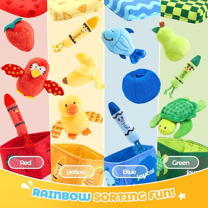 JoyCat Montessori Baby Toys 6-12 Months, 12 PCS Sensory Color Sorting Boxes with Animal Fruit Crinkle Crayon Pushies, First Learning Toys for 1 Year Old Baby Toys 0-12 Months