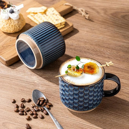 GBhome 12 OZ Stackable Coffee Mugs Set of 4, Ceramic Coffee Cups Set | Coffe Cups With Saucer and Stand, Dishwasher&Microwave Safe, 4 Assorted Designs