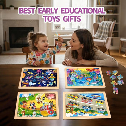 Wooden Puzzles for Toddler Ages 3+, 12 Piece Vehicle Farm Space Ocean Jigsaw Puzzles for Kids 4 Packs, Preschool Toddlers Learning Activity Puzzles Toys for Boys Girls 3 4 5 6 Years Old