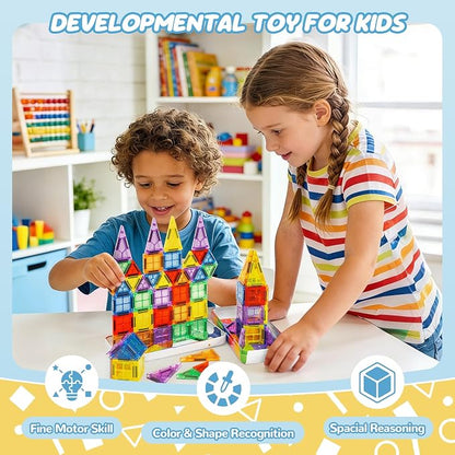 cossy Mini Magnetic Tiles, 60 PCS Magnet Tiles Travel Toys with Iron Box, Travel Magnetic Tiles for Restaurant, Car & Plane Play, Toys for 3 4 5 6 7 8 Year Old Boy and Girl