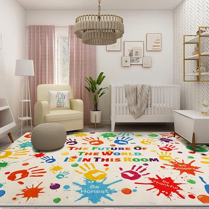 Colorful Kids Rug, Washable Rug for Kids, Handprints Area Rugs for Kids Bedroom, Non-Slip Play Mat Ultra Soft Thick Indoor Plush Rugs for Playroom Classroom Nursery Decor (78.7 X 59 INCH)