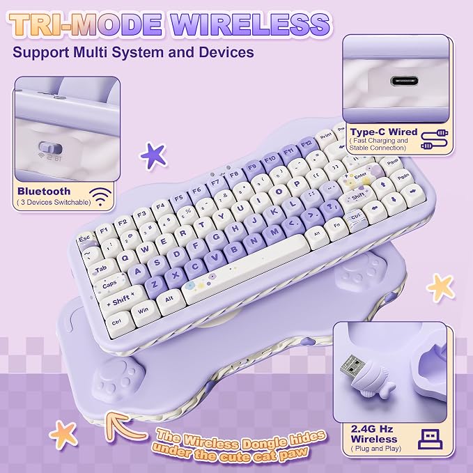 YUNZII C75 Cute 75% Wireless Mechanical Keyboard (Purple, Candy Switch) | Creamy Cake Keyboard, BT5.0/2.4G/USB-C, Hot-Swap, NKRO, PBT MOA Keycaps,5500mAh RGB Gasket Mount for Mac/Win/Gaming/Office